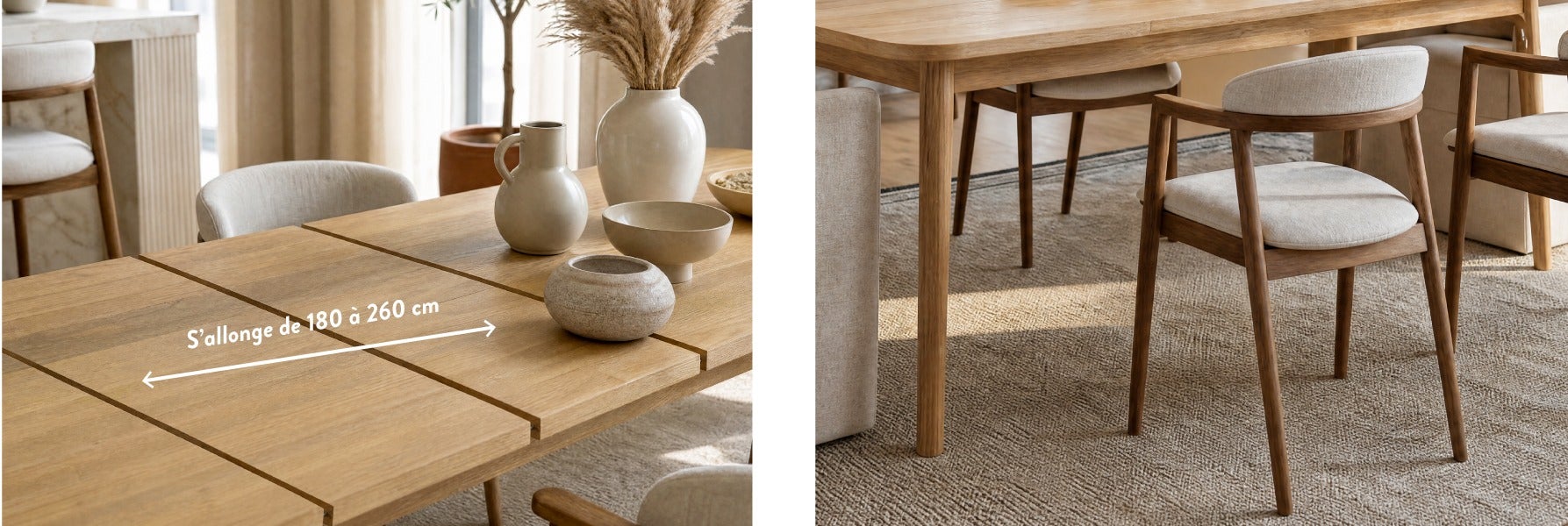 DALTON table à rallonges en bois d'acacia 180 cm à 260 cm et JOSY chaise de salle à manger
