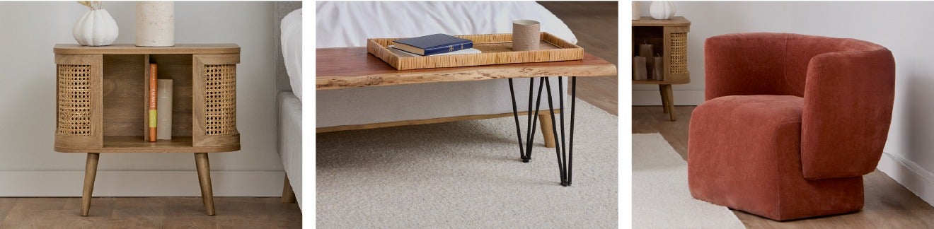DOMINGO end table, RENO solid acacia wood bench and ROANNE accent chair