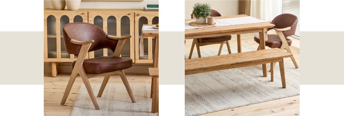 LORENA chaise à accoudoirs de salle à manger et KABBANN banc en bois d'acacia