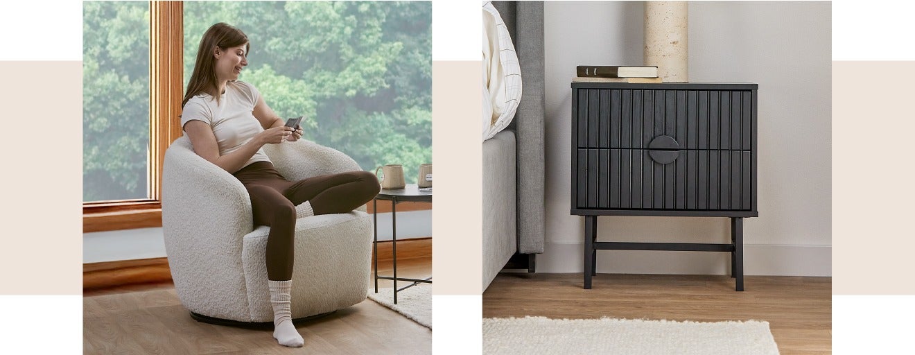 MONTANA nightstand and JANELLE swivel armchair