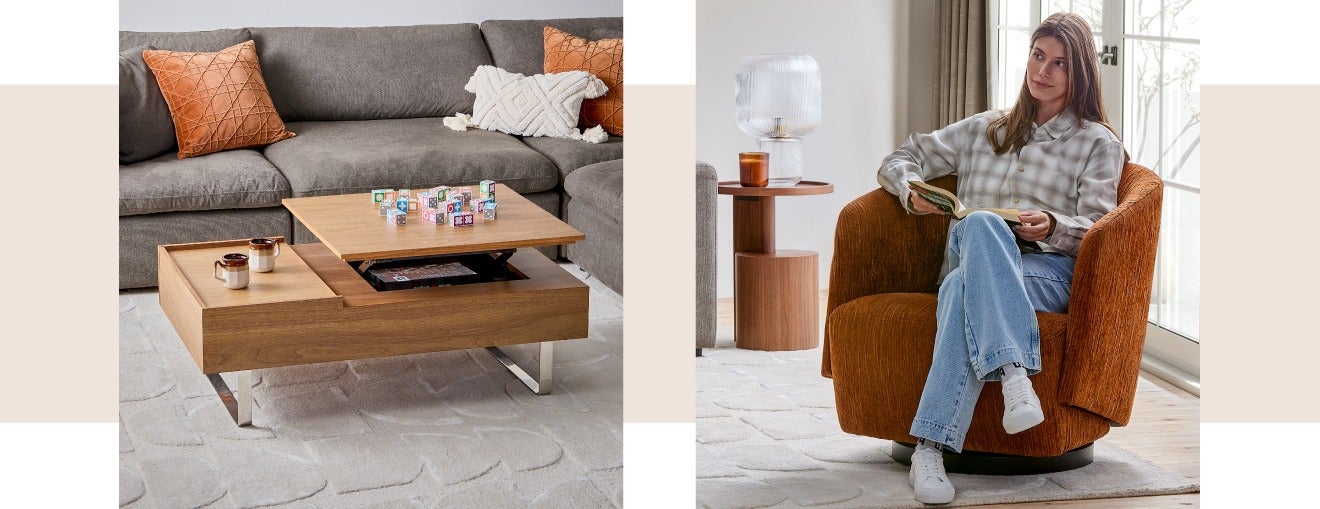 EVO lift-top coffee table and IDA swivel armchair