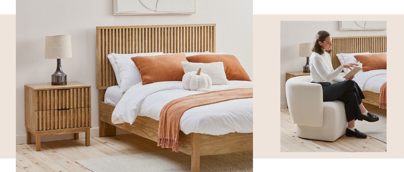 RIONA nightstand and bed, and ROANNE accent chair