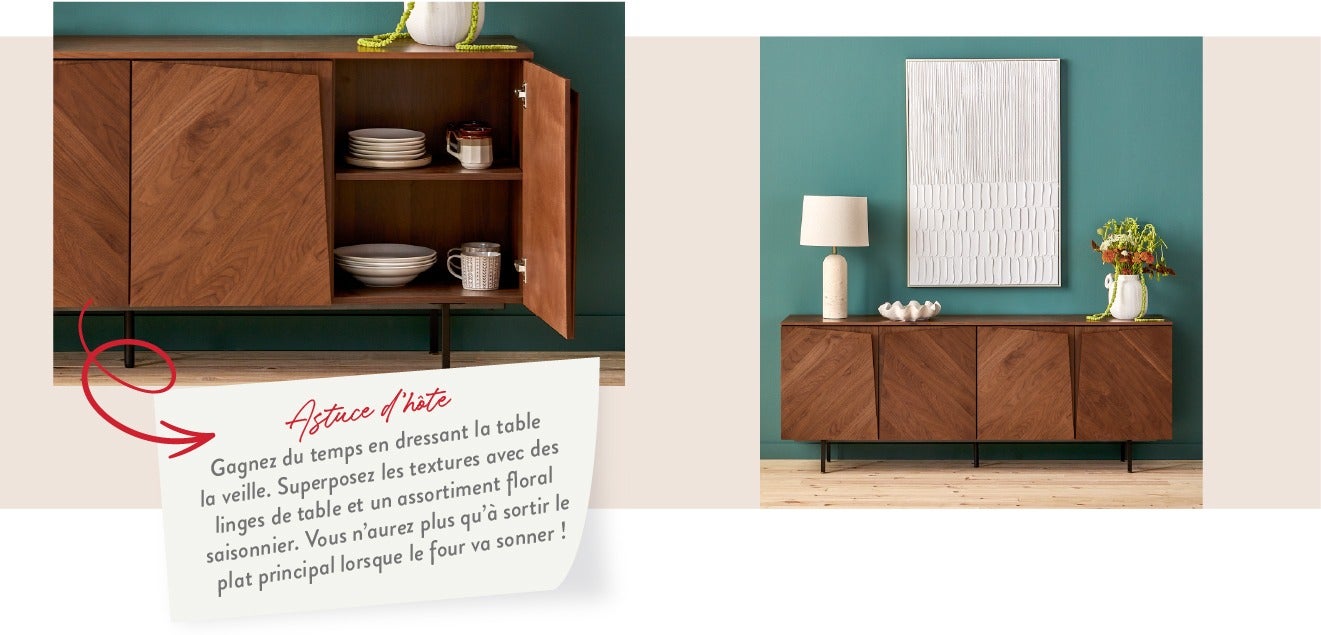 Astuce d'hôte - Gagnez du temps en dressant la table la veille. Superposez les textures avec des linges de table et un assortiment floral saisonnier. Vous n’aurez plus qu’à sortir le plat principal lorsque le four va sonner !