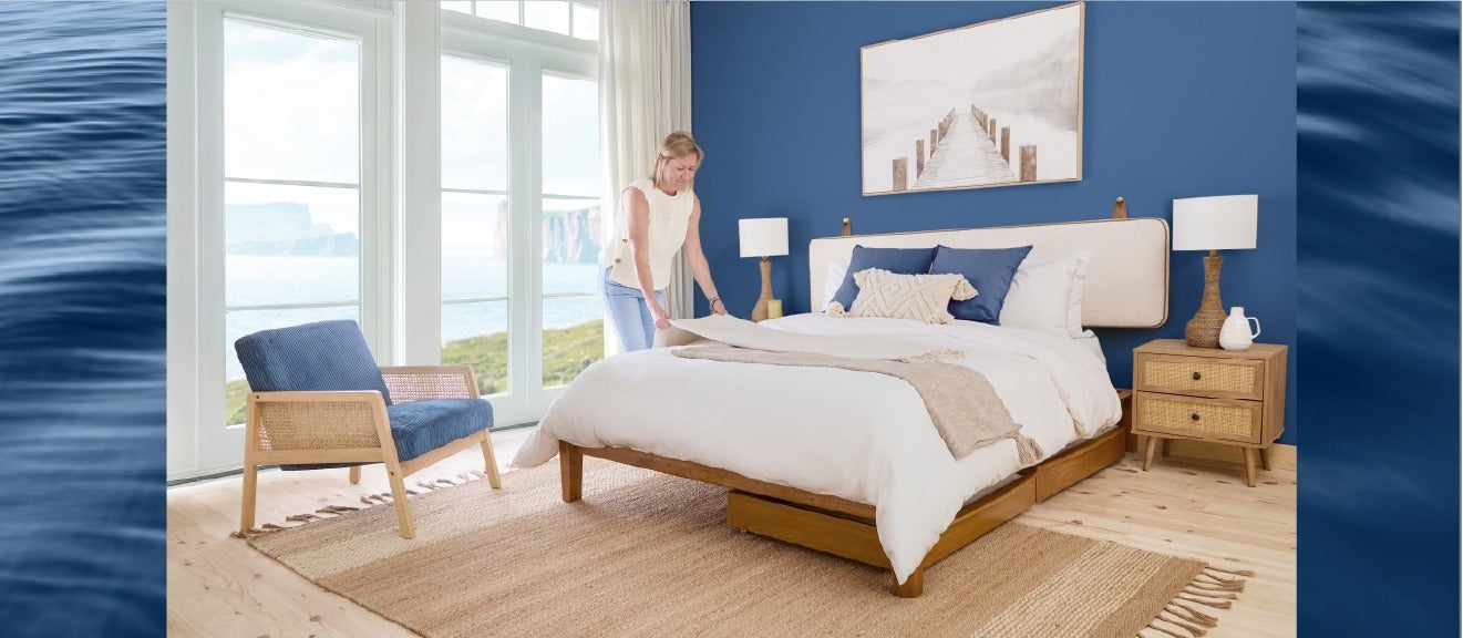 BENA customizable bed, JETT nightstand and BECKETT armchair