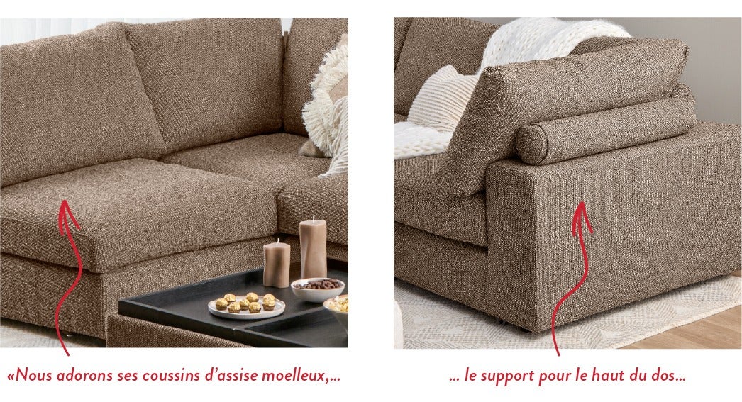 Nous adorons ses coussins d'assise moelleux, le support pour le haut du dos