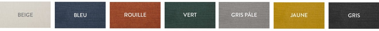 Beige, bleu, rouille, vert, gris pâle, jaune, gris