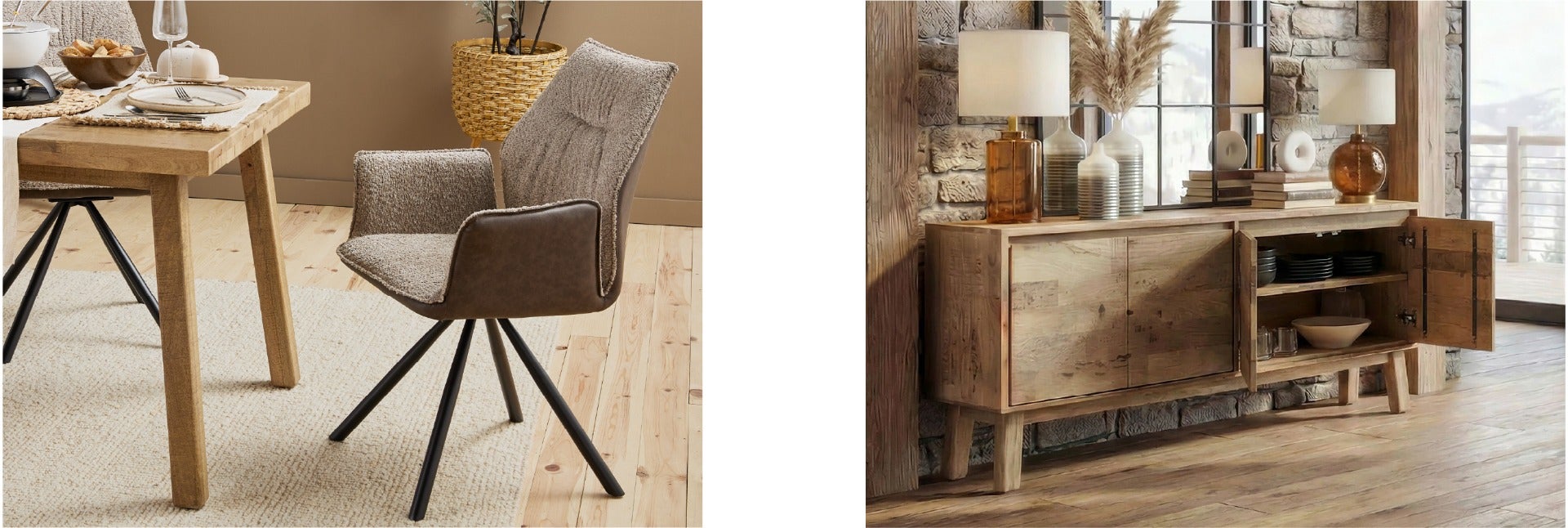 BYRON swivel dining armchair and THESSALIA solid mango wood sideboard